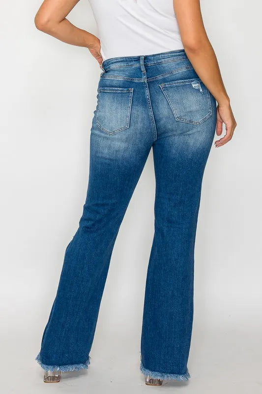 High Rise Distressed Raw Bootcut Jeans -