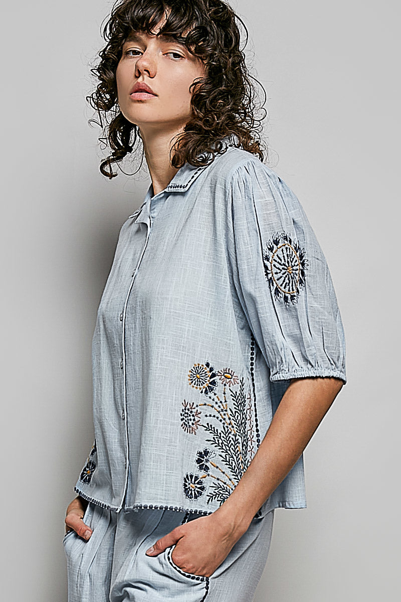 Embroidered Floral Button Down Shirt -