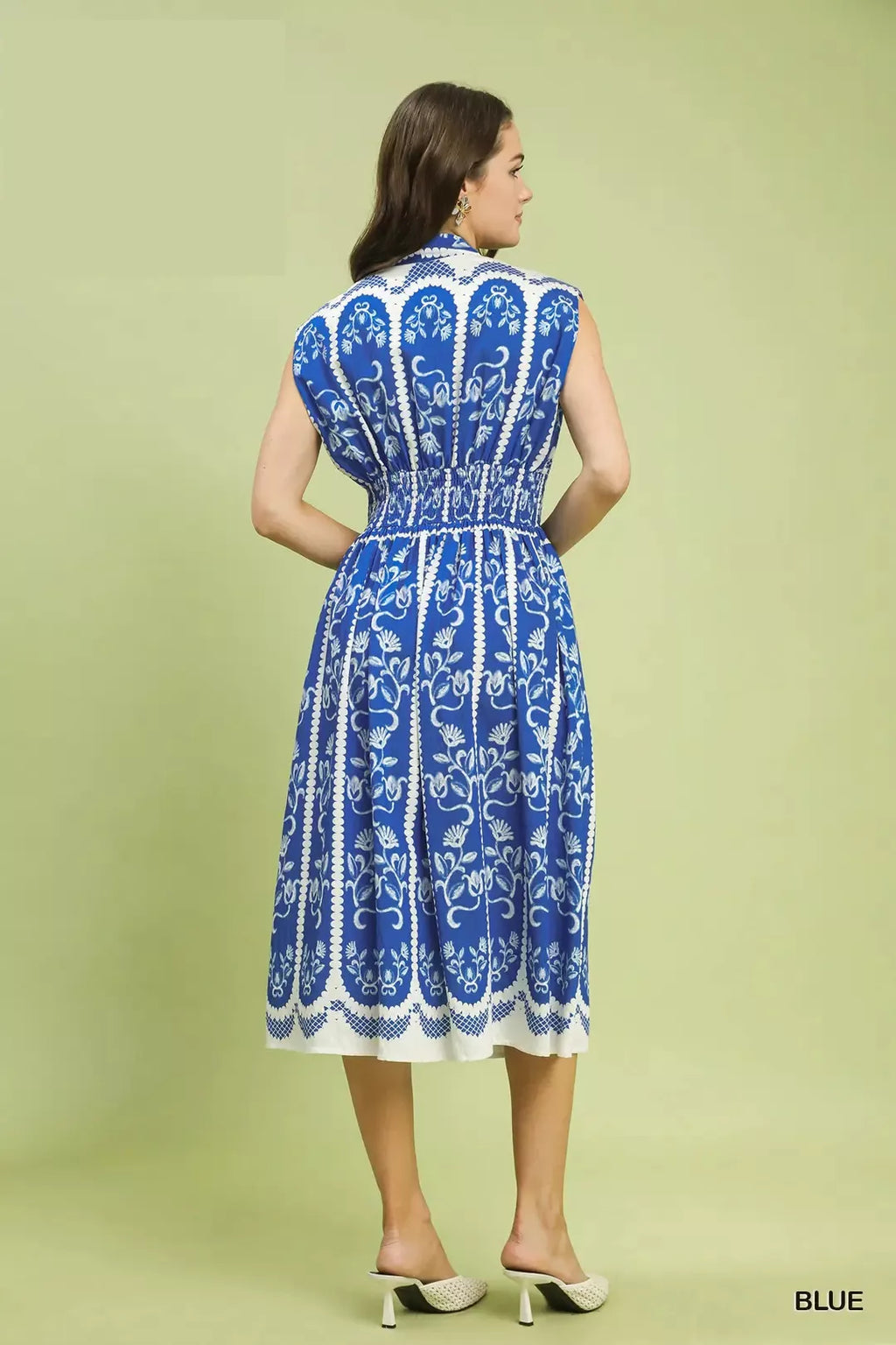 Smocked Border Print Midi Dress -