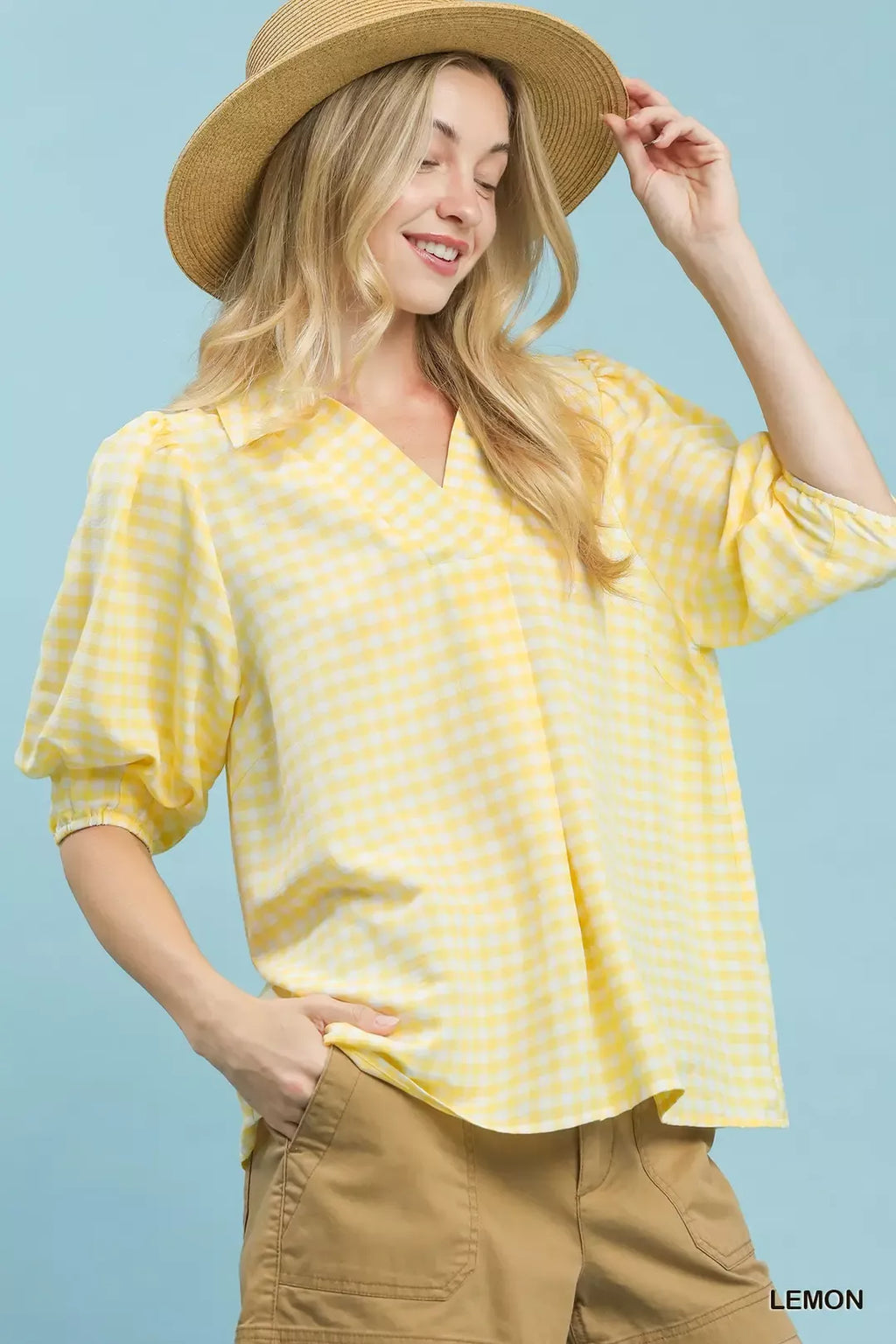 Lemon Gingham Collared Puff Sleeve Blouse -