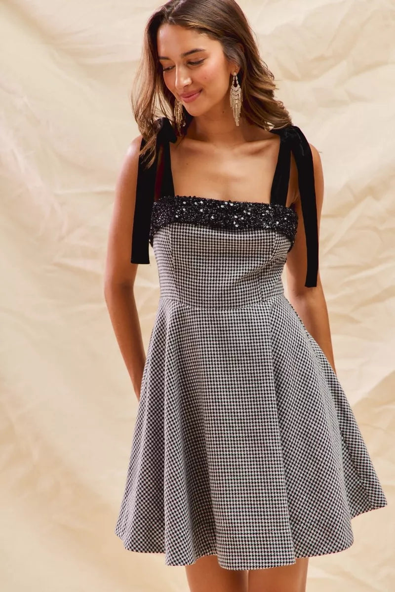 Houndstooth Fit Flare Shoulder Tie Dress -