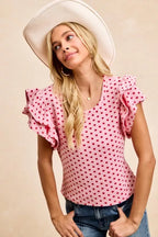 Heart Pattern Knit Ruffled Sleeve Shirt -
