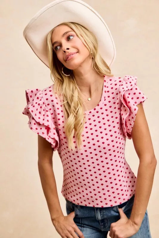 Heart Pattern Knit Ruffled Sleeve Shirt -