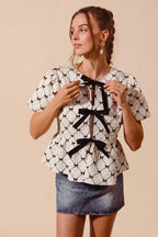 Contrast Bow Textured Peplum Top -