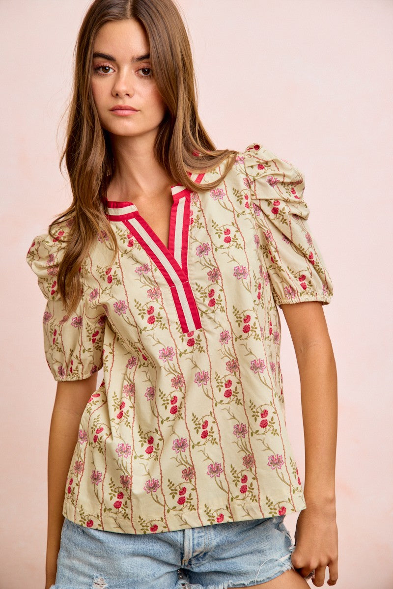 Floral Contrast Neck Puff Blouse -