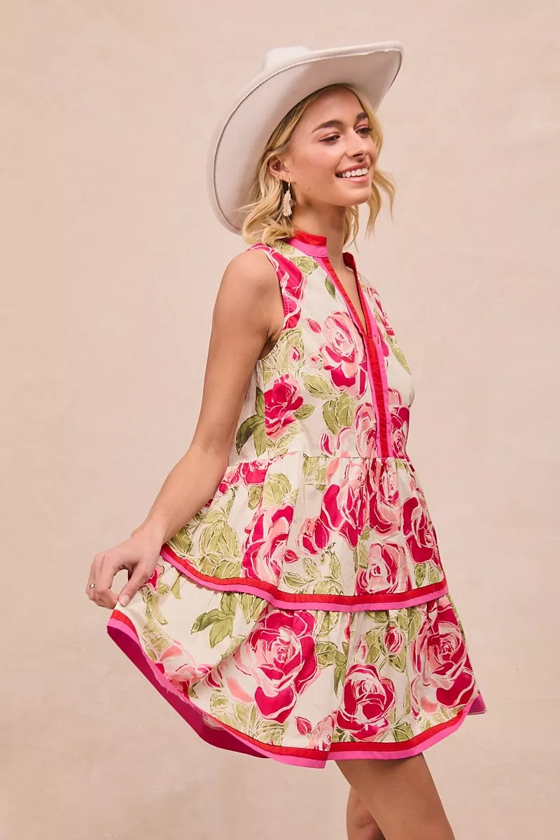 Floral Contrast Tiered Ruffle Mini Dress -