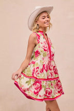 Floral Contrast Tiered Ruffle Mini Dress -