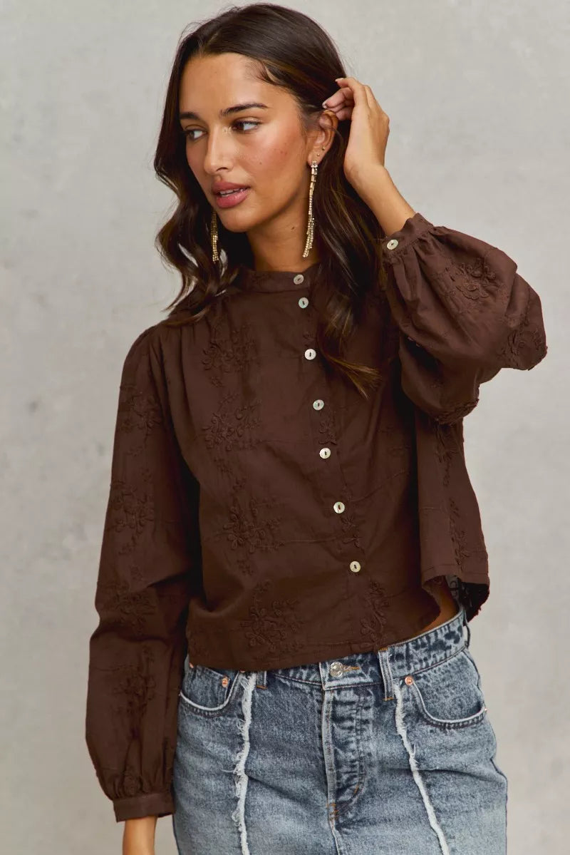 3D Floral Woven Button Front Shirt -