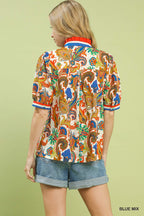 Abstract Jacquard Split Neck Blouse -