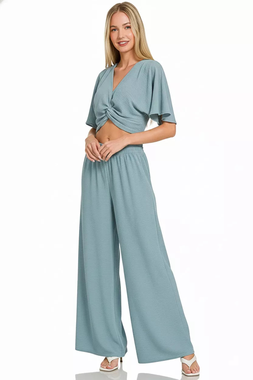 Blue Grey Airflow Twist Top Wide Leg Set -