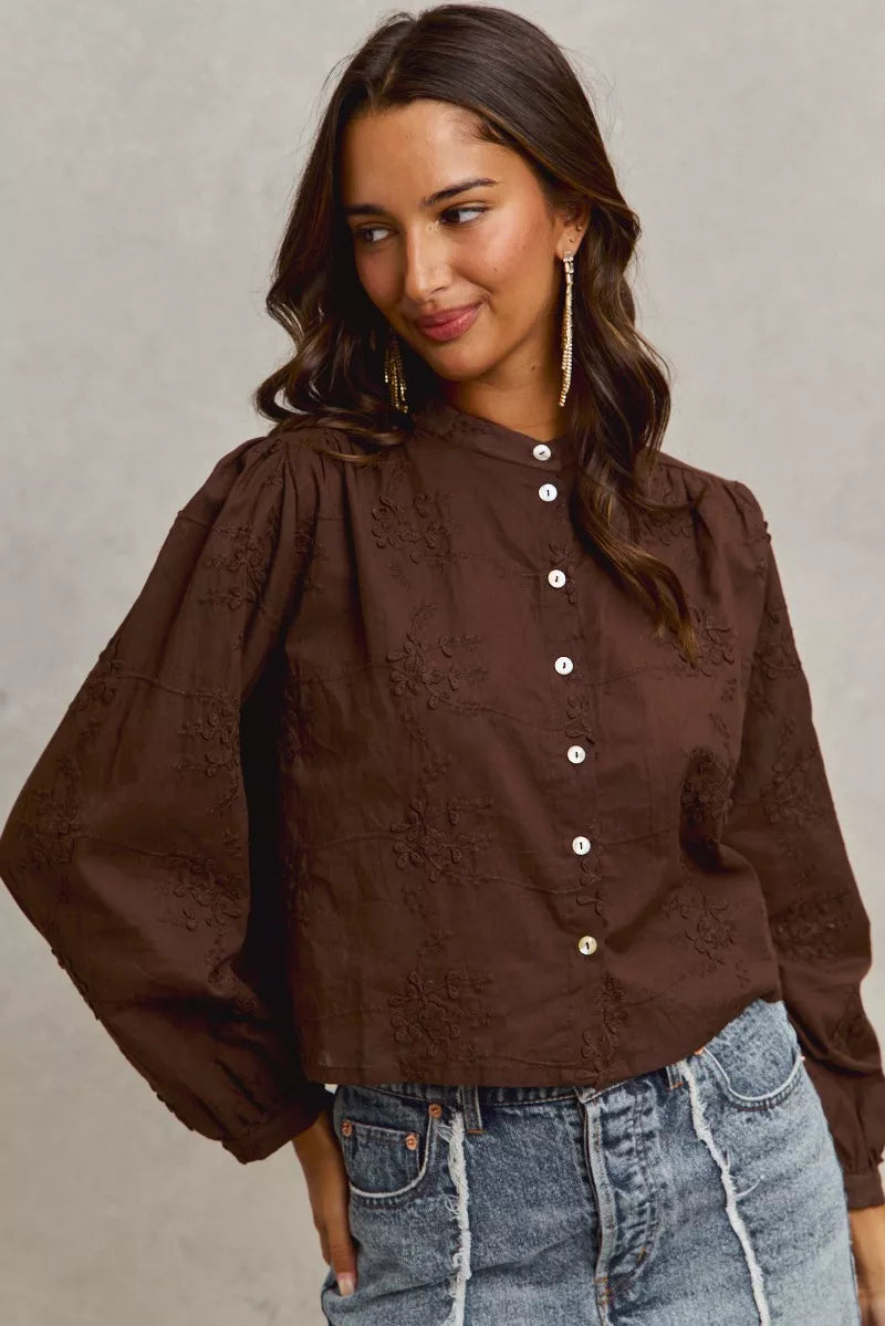 3D Floral Woven Button Front Shirt -