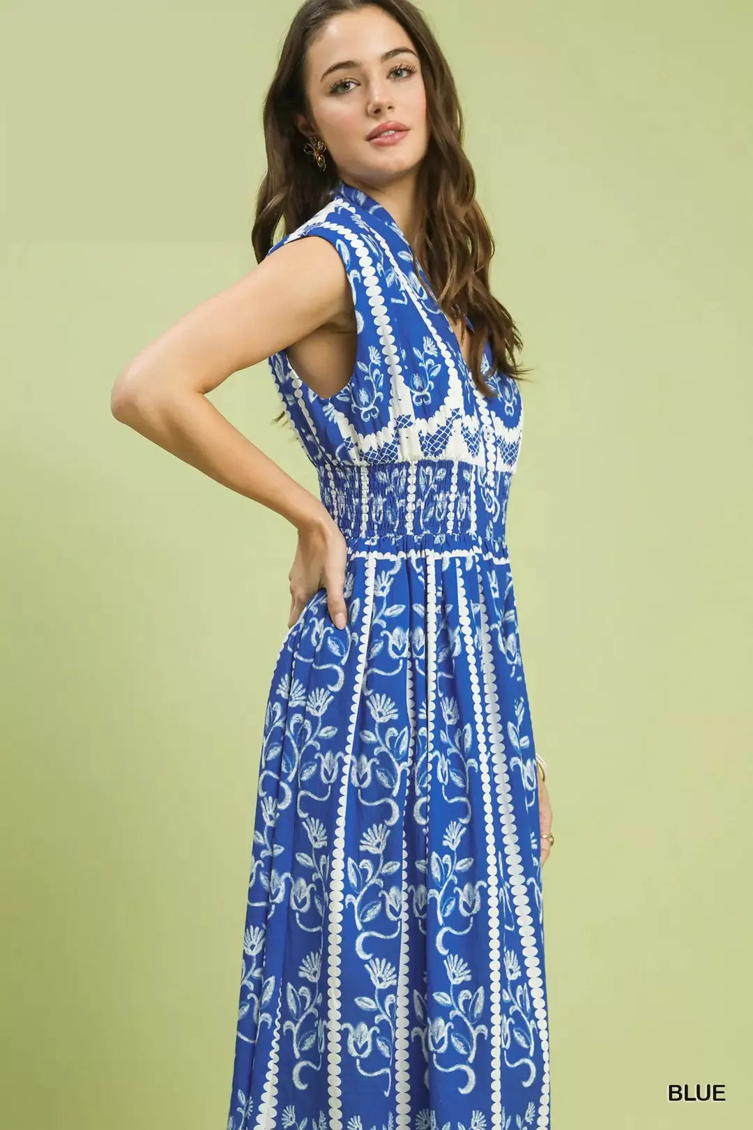 Smocked Border Print Midi Dress -