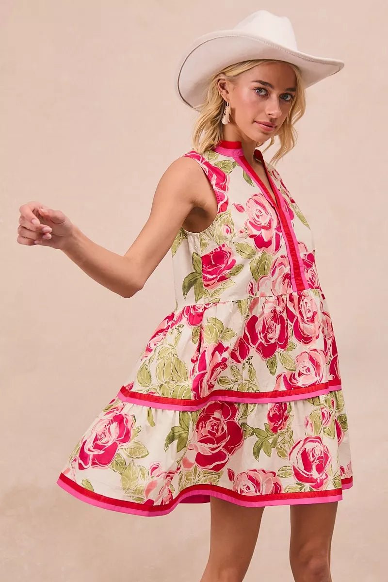 Floral Contrast Tiered Ruffle Mini Dress -