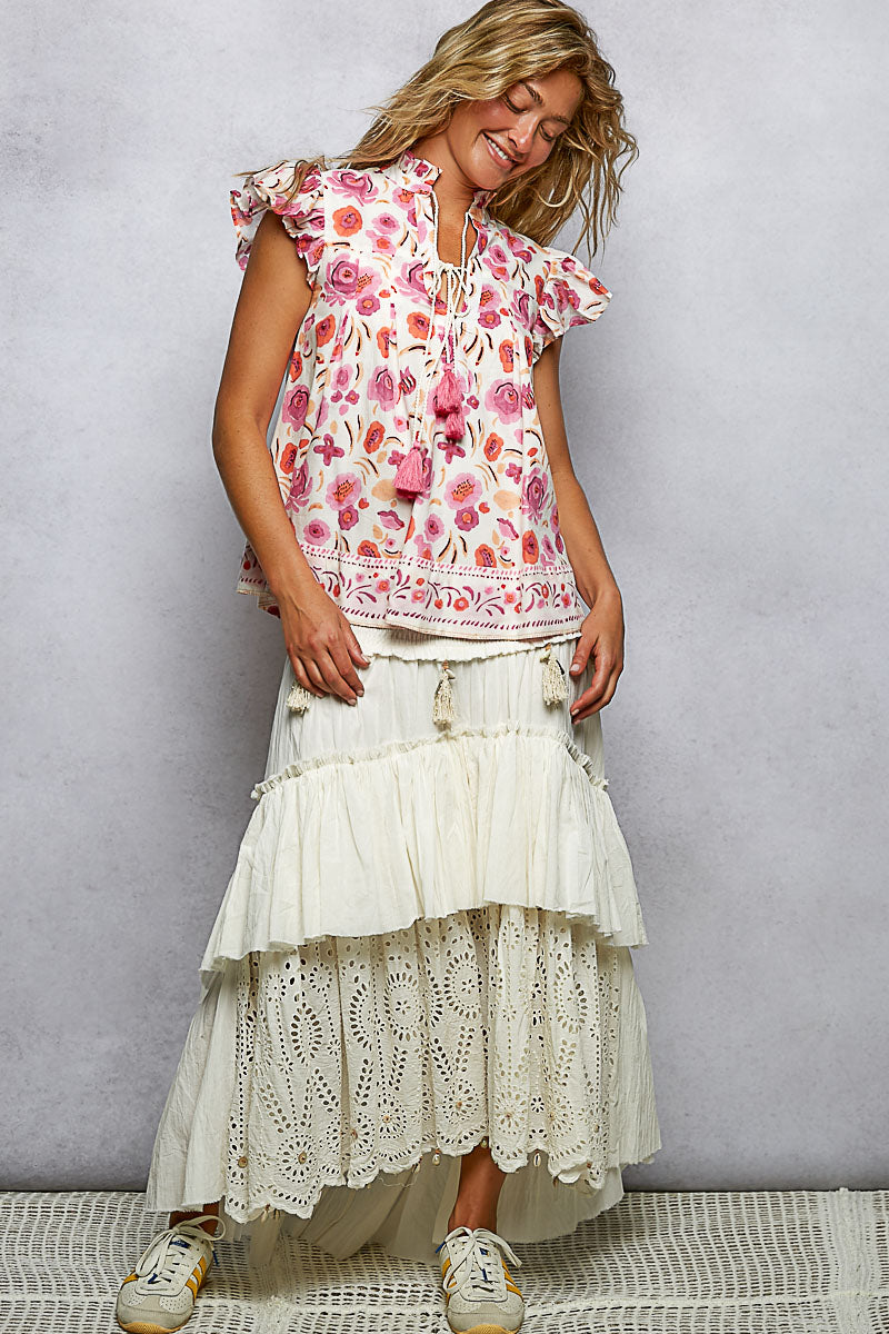 Tassel Tie Floral Flutter Blouse -
