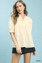 Textured Check Ruffle Neck Blouse - CREAM