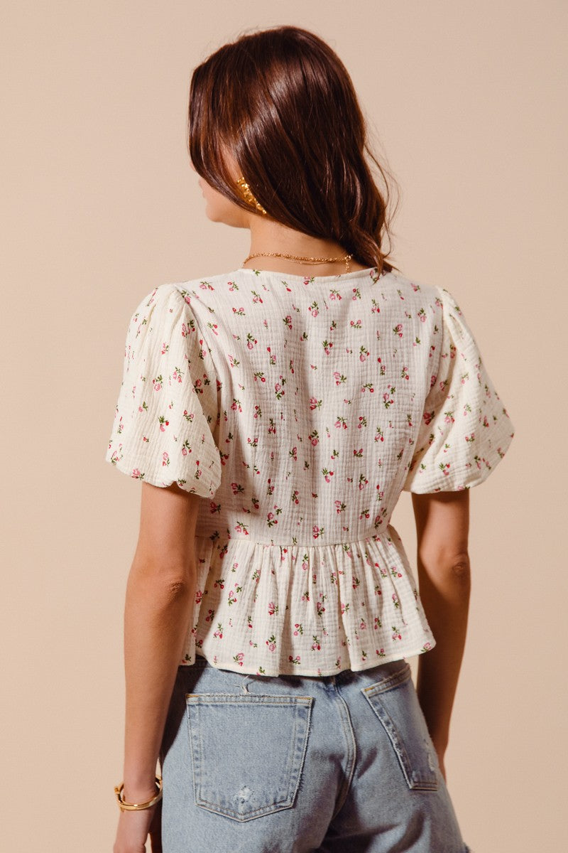 Ditsy Tie-Front Gauze Blouse -