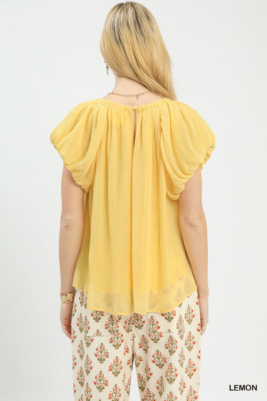 Lemon Crinkle Flutter Sleeve Blouse -
