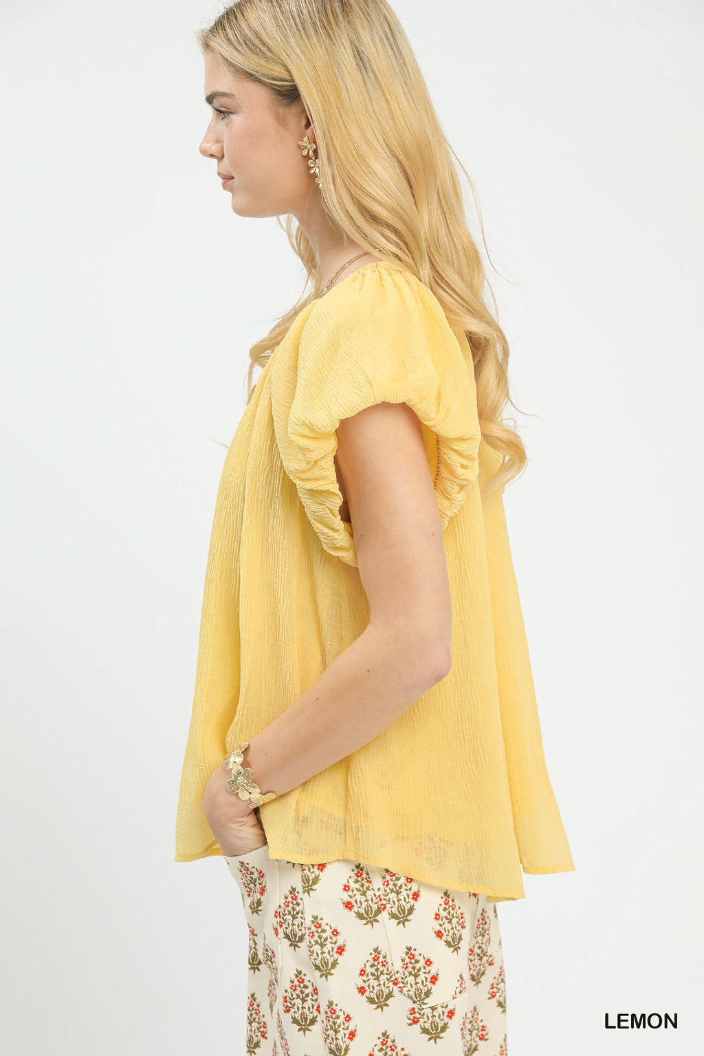 Lemon Crinkle Flutter Sleeve Blouse -