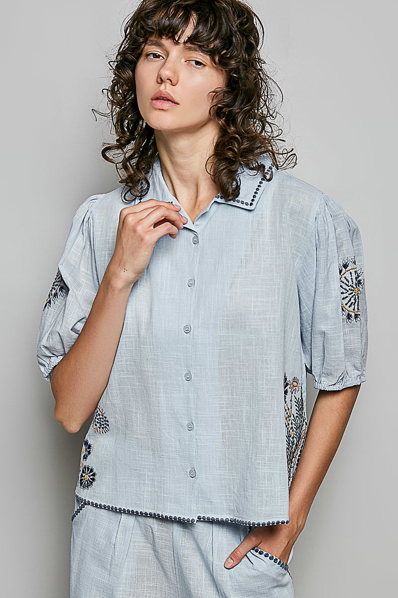 Embroidered Floral Button Down Shirt -