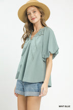 Lace Inset Puff Sleeve Blouse -