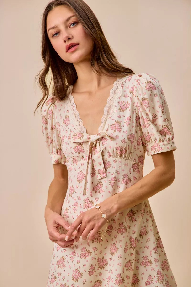 Cream Floral Lace Trim Mini Dress -