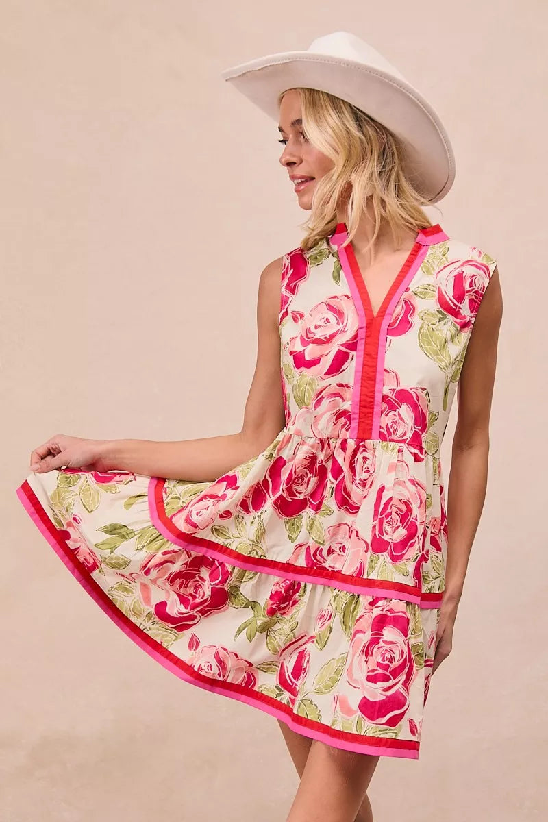 Floral Contrast Tiered Ruffle Mini Dress -