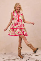 Floral Contrast Tiered Ruffle Mini Dress -