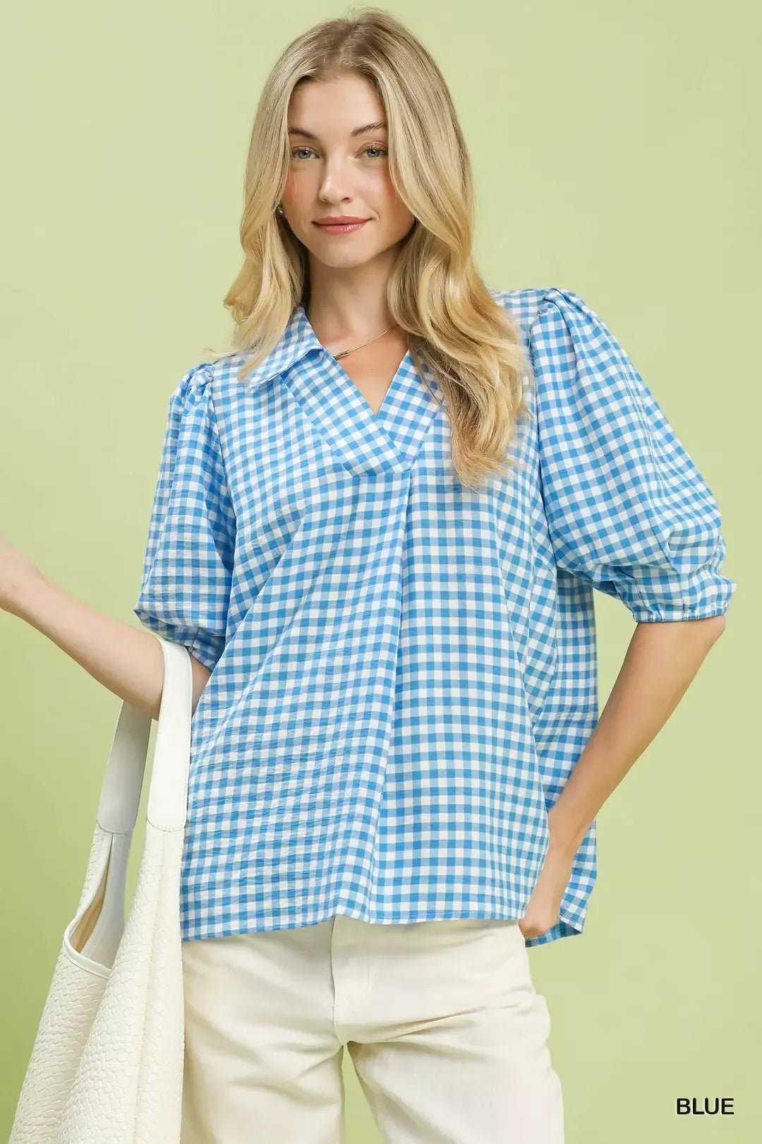 Blue Gingham Collared Puff Sleeve Blouse - BLUE