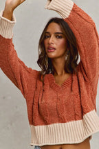 Chenille Cable Knit V Neck Sweater -