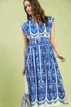 Smocked Border Print Midi Dress -