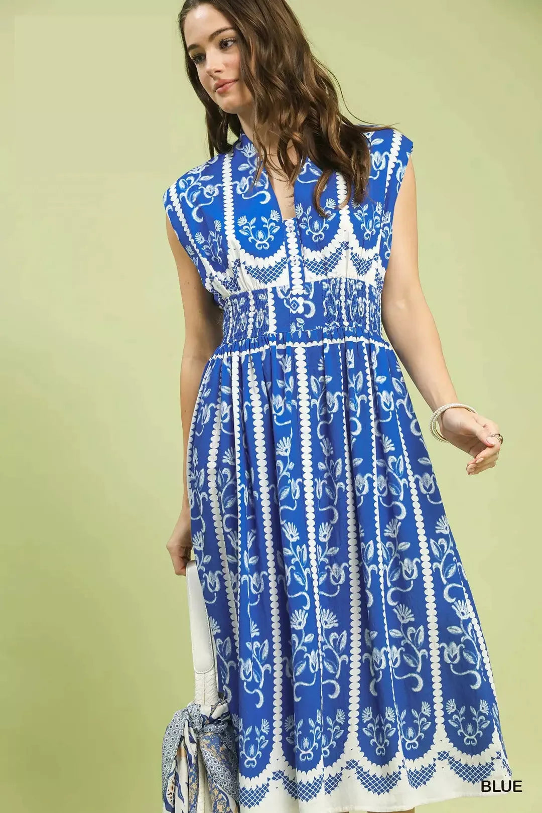 Smocked Border Print Midi Dress -