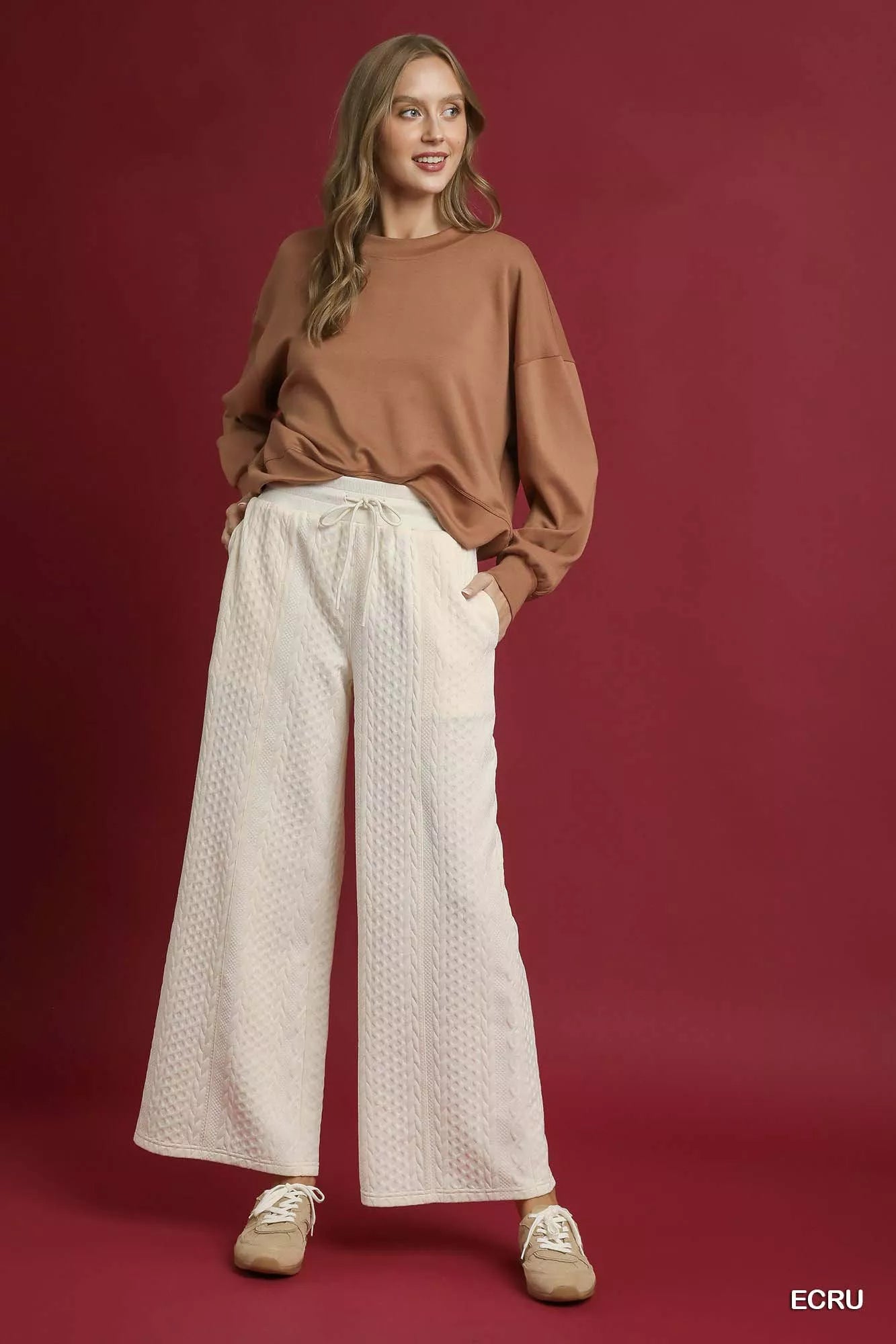 Cable Knit Textured Wide Leg Pants - ECRU Main image