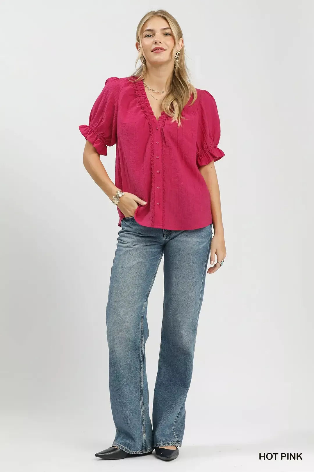 Textured Button Front Puff Sleeve Top Secondary image