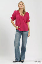 Textured Button Front Puff Sleeve Top -