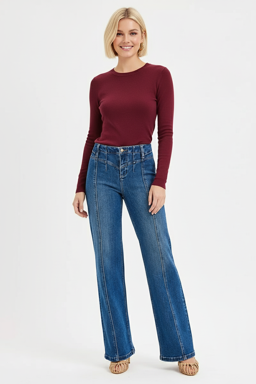 Seam Detail Wide Leg Denim Jeans - Dark Main image