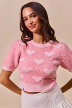 Allover Heart Print Cropped Sweater - PINK BLUSH