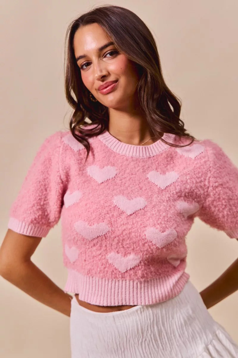 Allover Heart Print Cropped Sweater - PINK BLUSH Main image