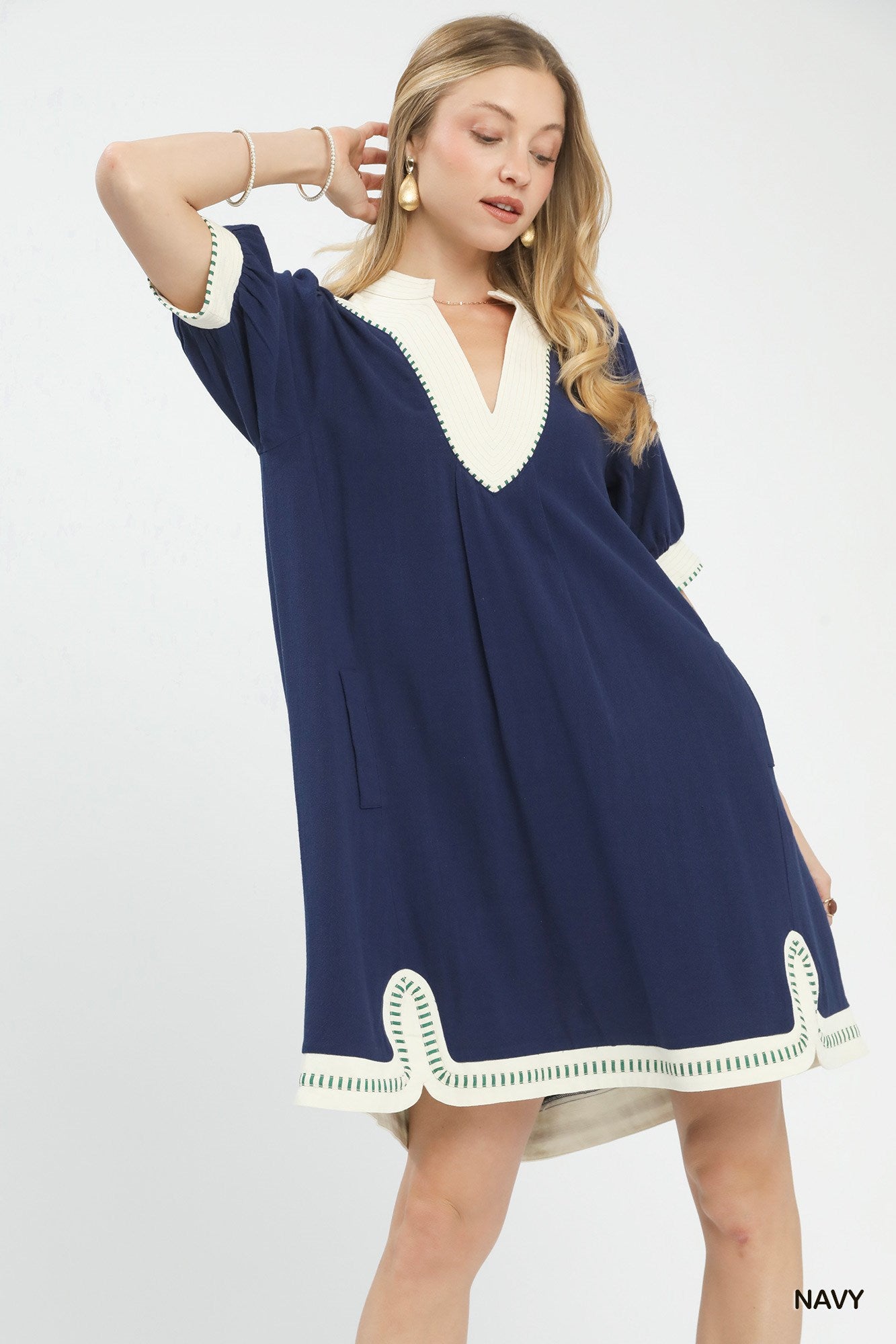 Contrast Trim Linen Mini Dress -