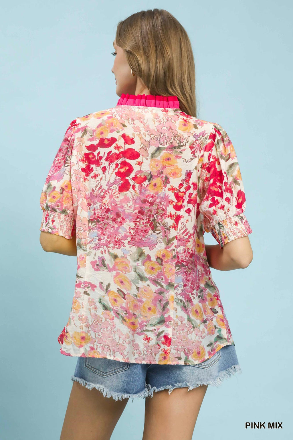 Floral Contrast Pleat Neck Blouse -