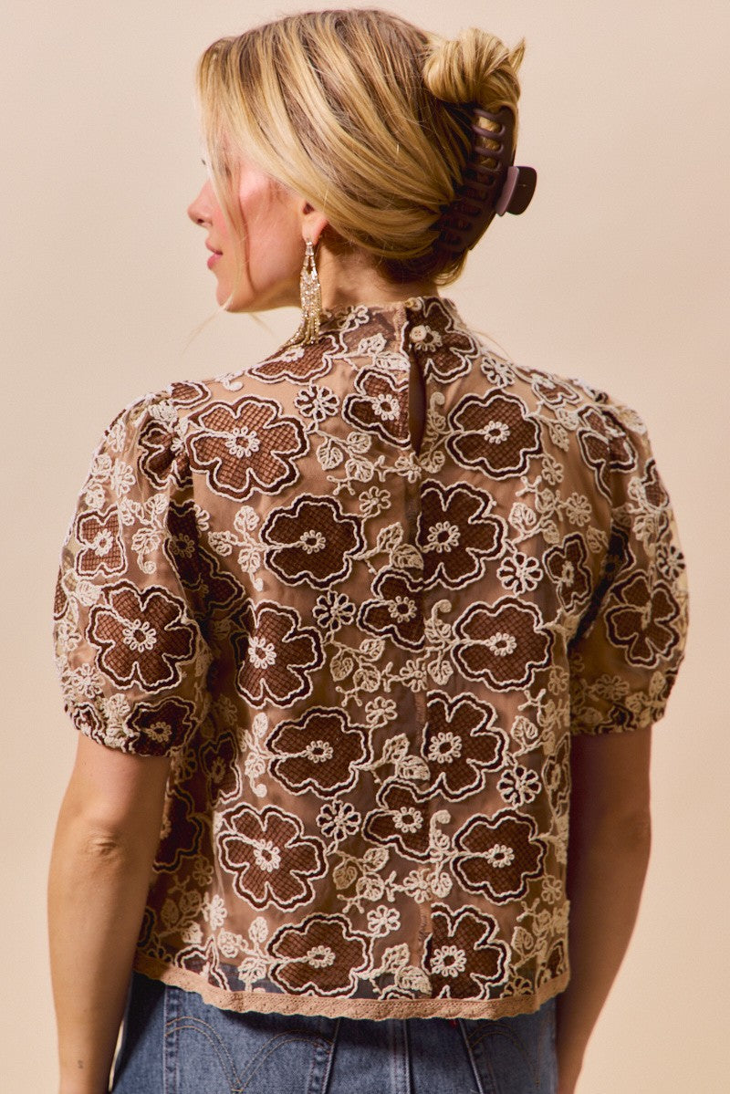 Textured Floral Mesh Puff Top -