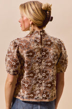 Textured Floral Mesh Puff Top -