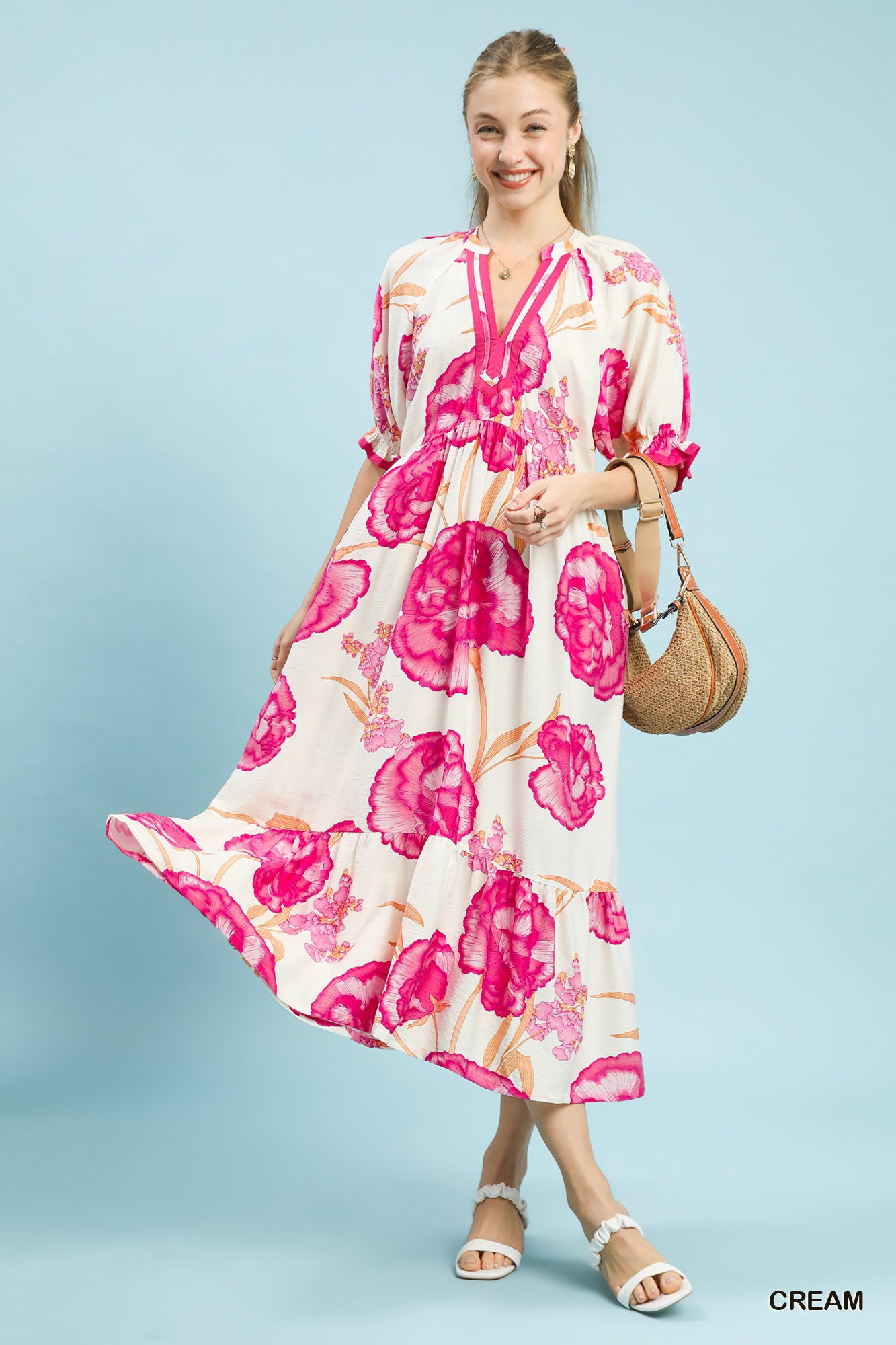 Contrast Trim Floral Midi Dress - CREAM Main image