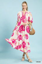 Contrast Trim Floral Midi Dress - CREAM