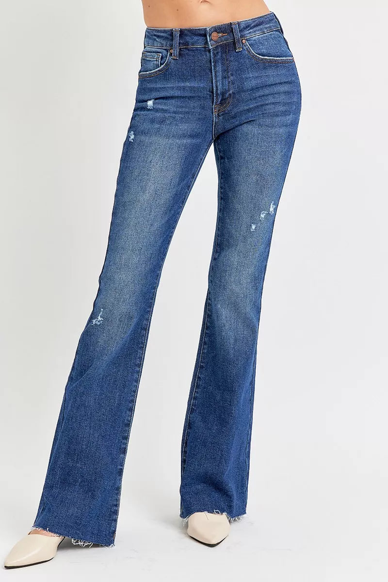 Distressed Mid Rise Flare Leg Jeans -