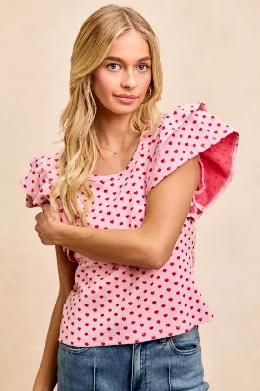 Heart Pattern Knit Ruffled Sleeve Shirt - PINK RED