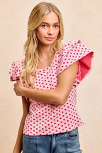 Heart Pattern Knit Ruffled Sleeve Shirt - PINK RED