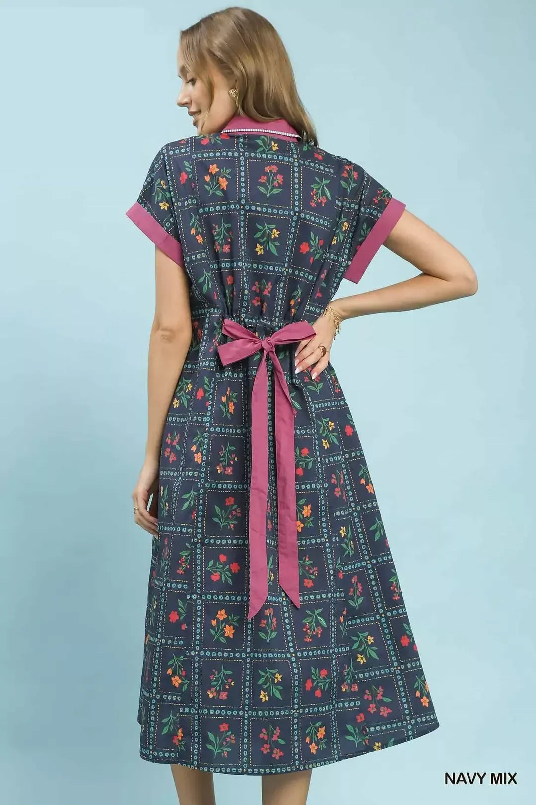 Mixed Floral Button Front Midi Dress -