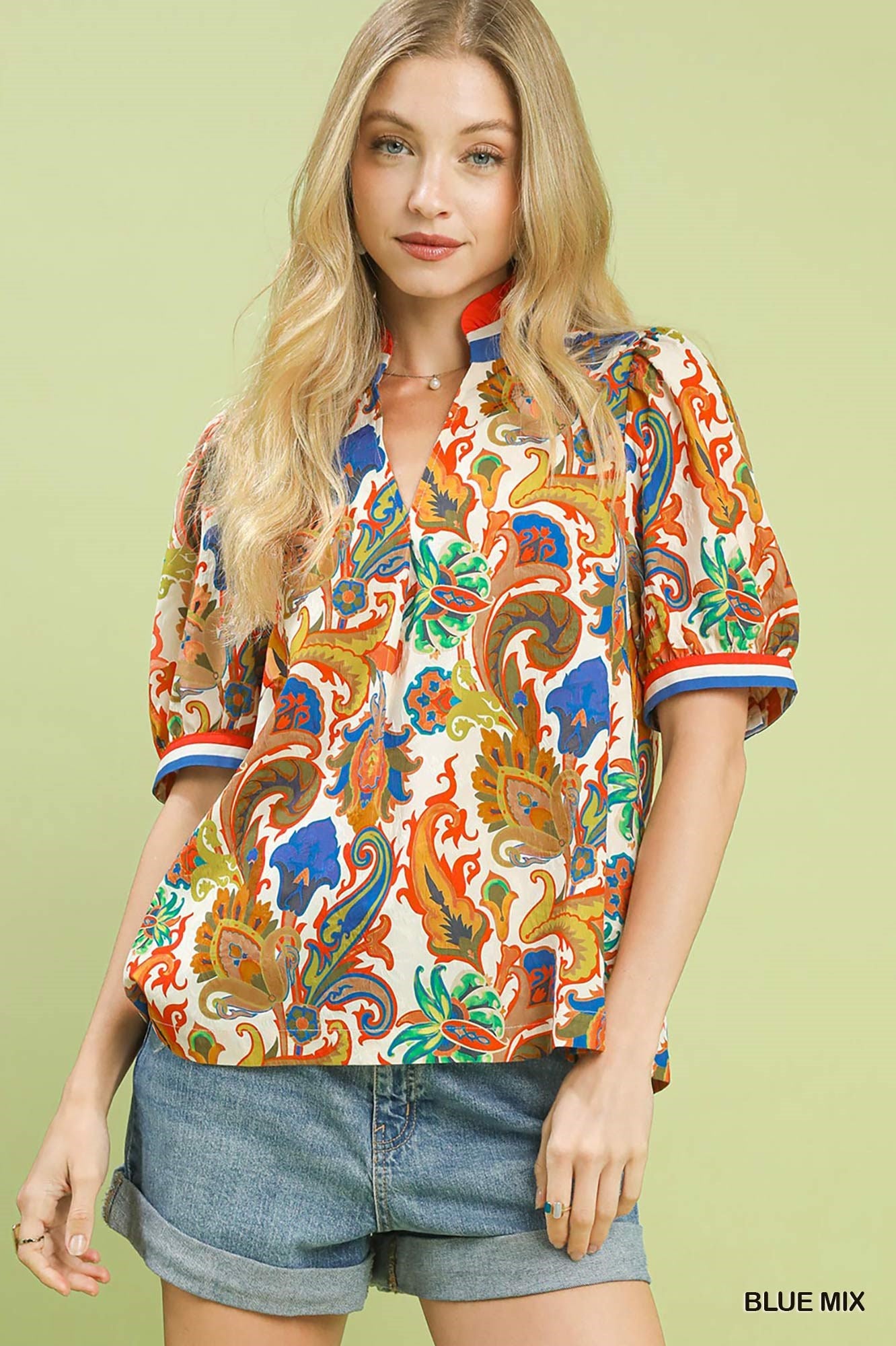 Abstract Jacquard Split Neck Blouse - BLUE MIX Main image