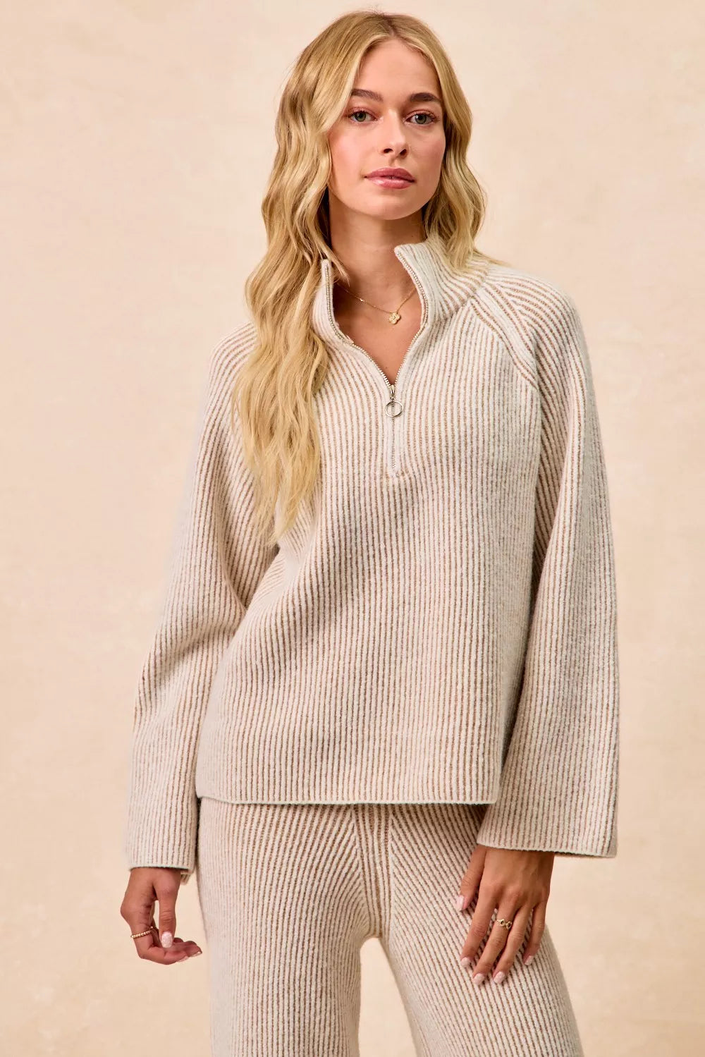 Two Tone Ribbed Half Zip Pullover -