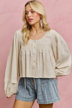 Linen Blend Smocked Sleeve Blouse -